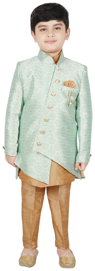 

SG YUVRAJ Boy Art silk Printed Kurta pyjama set - Green Gold