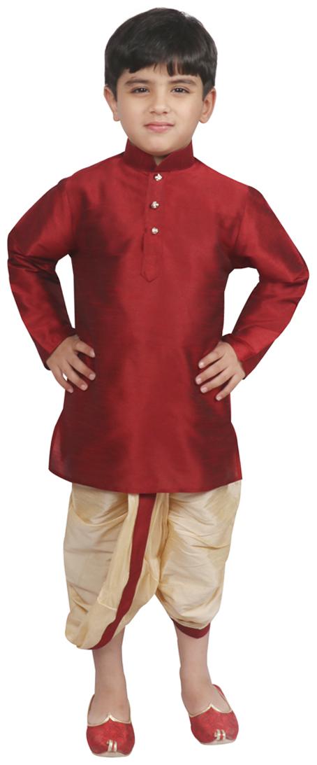 

SG YUVRAJ Boy Raw silk Solid Dhoti kurta - Maroon