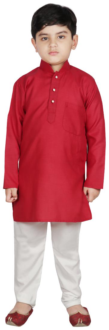 

SG YUVRAJ Boy Raw silk Solid Kurta pyjama set - Red White