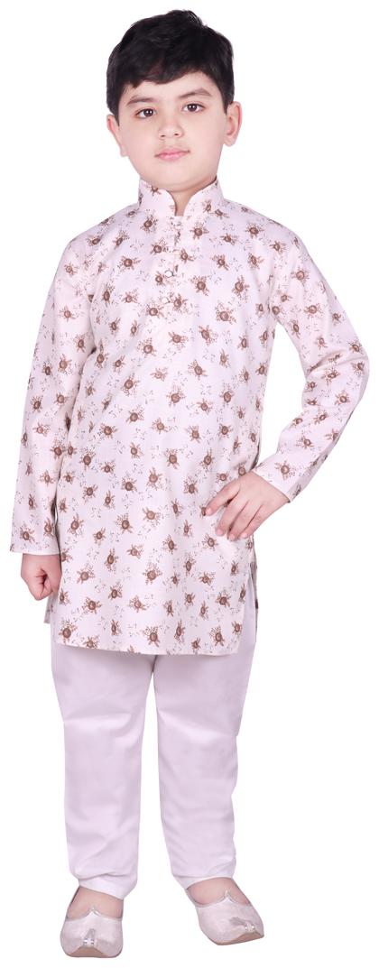 

SG YUVRAJ Boy Cotton Floral Kurta pyjama set - Cream White