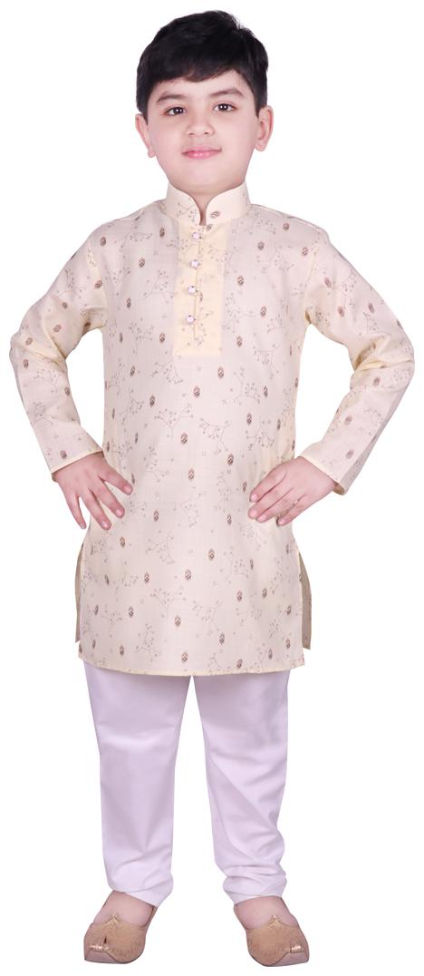 

SG YUVRAJ Boy Cotton Floral Kurta pyjama set - Yellow White
