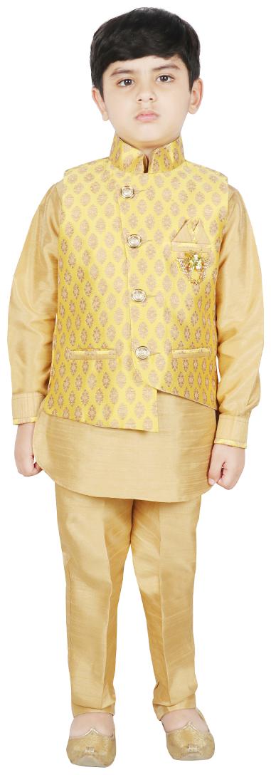 

SG YUVRAJ Boy Art silk Printed Kurta pyjama set - Gold