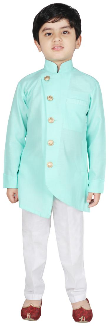 

SG YUVRAJ Boy Cotton Solid Kurta pyjama set - Green White