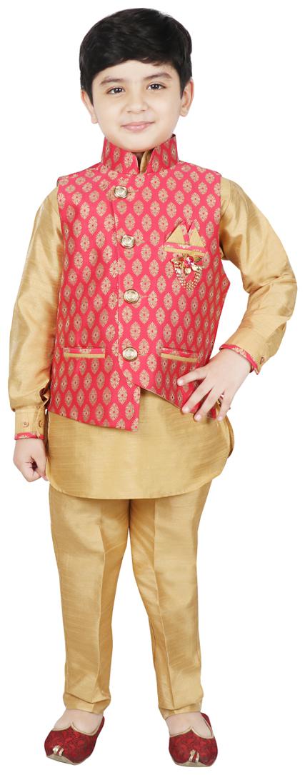 

SG YUVRAJ Boy Art silk Printed Kurta pyjama set - Pink Gold