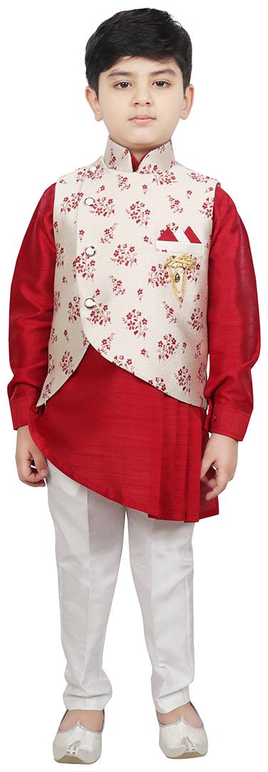 

SG YUVRAJ Boy Raw silk Printed Kurta pyjama set - Maroon White