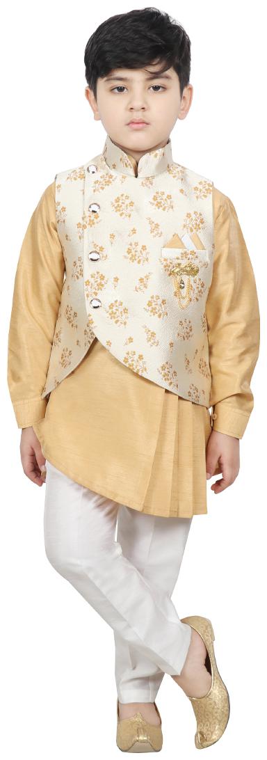 

SG YUVRAJ Boy Raw silk Printed Kurta pyjama set - Gold Beige