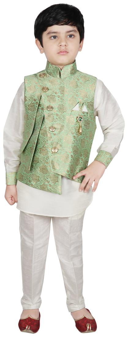 

SG YUVRAJ Boy Brocade Solid Kurta pyjama set - Green White