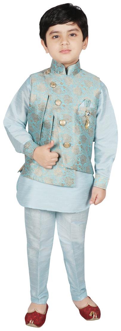 

SG YUVRAJ Boy Brocade Solid Kurta pyjama set - Blue