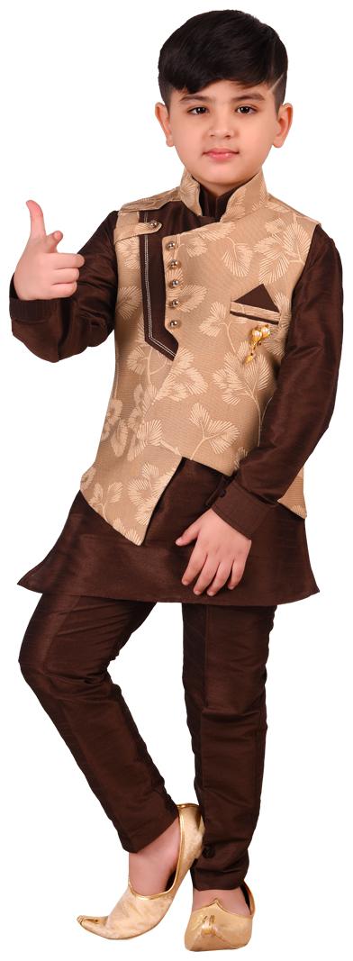 

SG YUVRAJ Boy Jute silk Printed Kurta pyjama set - Brown Beige