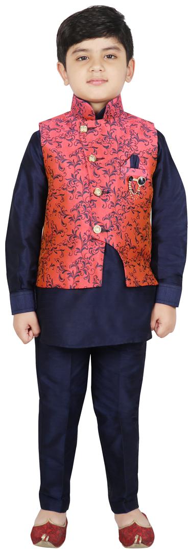 

SG YUVRAJ Boy Art silk Printed Kurta pyjama set - Pink Blue