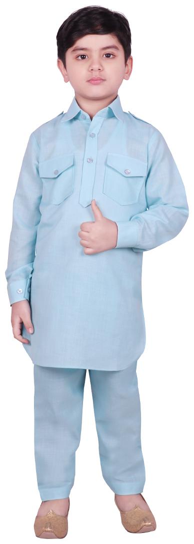 

SG YUVRAJ Boy Art silk Solid Kurta pyjama set - Blue