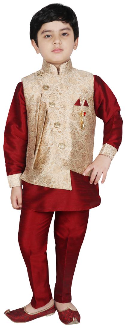 

SG YUVRAJ Boy Brocade Solid Kurta pyjama set - Maroon Gold