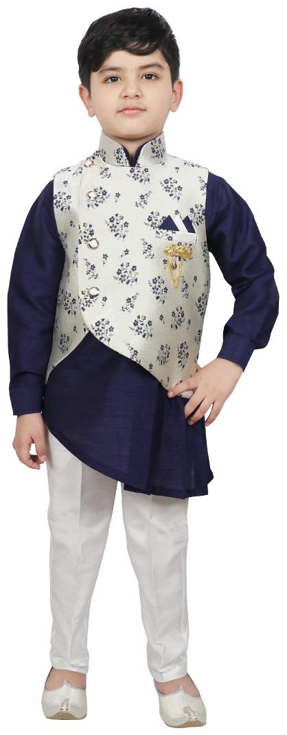 

SG YUVRAJ Boy Raw silk Printed Kurta pyjama set - Blue White