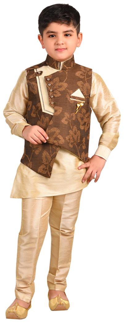 

SG YUVRAJ Boy Jute silk Printed Kurta pyjama set - Gold Brown