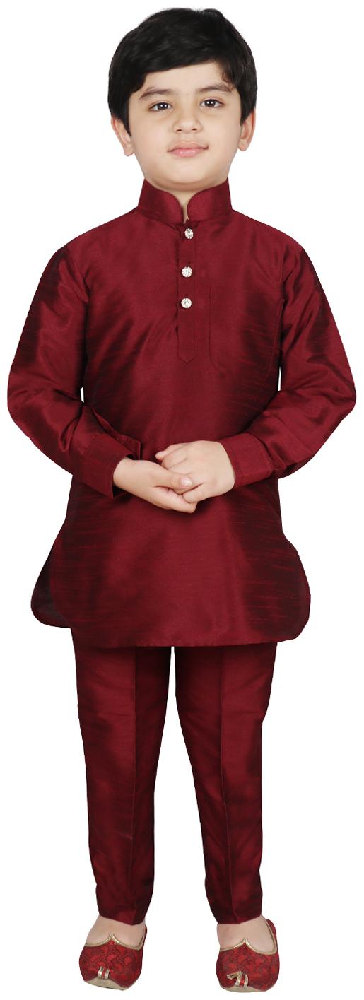 

SG YUVRAJ Boy Raw silk Solid Kurta pyjama set - Red