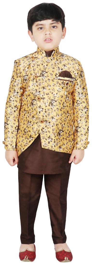 

SG YUVRAJ Boy Art silk Floral Kurta pyjama set - Brown Yellow
