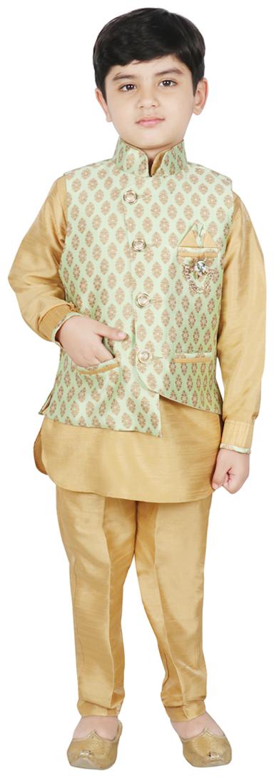 

SG YUVRAJ Boy Art silk Printed Kurta pyjama set - Green Gold
