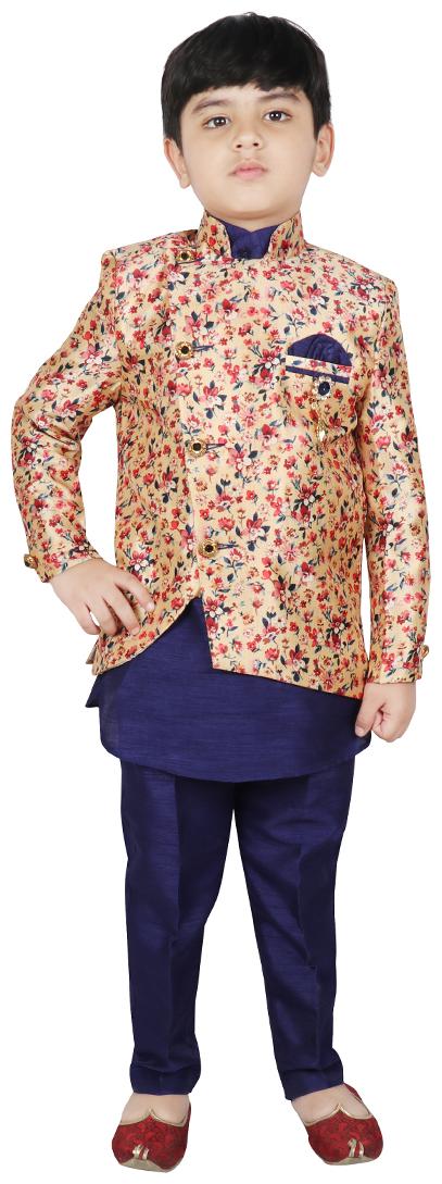 

SG YUVRAJ Boy Art silk Floral Kurta pyjama set - Blue Beige