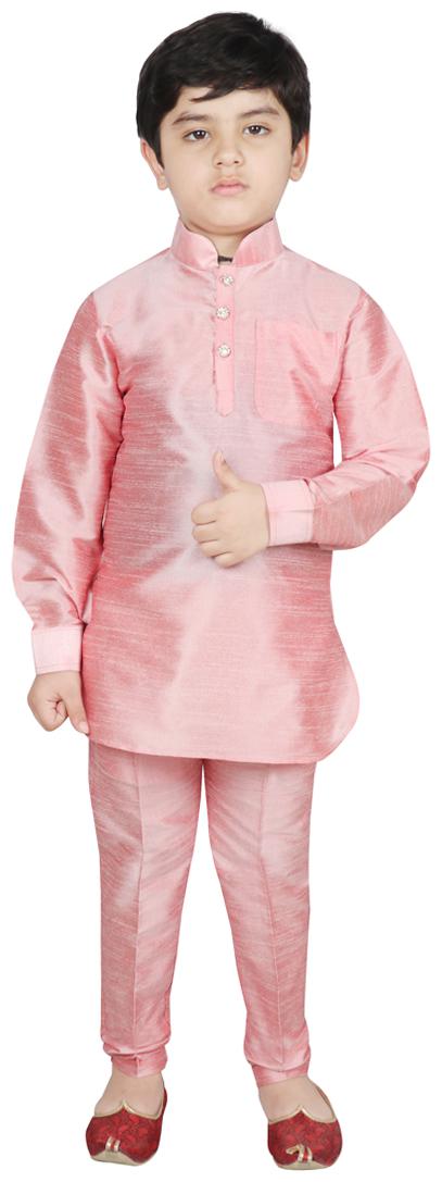 

SG YUVRAJ Boy Raw silk Solid Kurta pyjama set - Pink