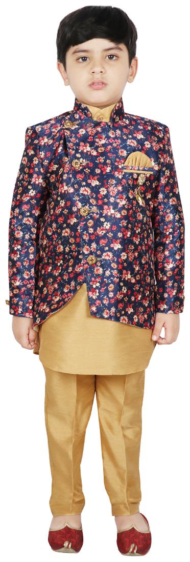 

SG YUVRAJ Boy Art silk Floral Kurta pyjama set - Blue Beige