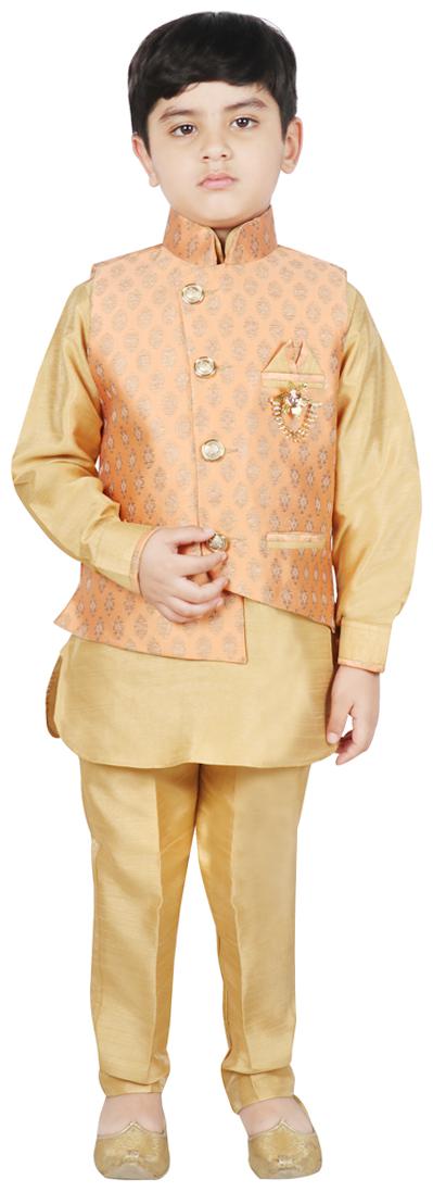 

SG YUVRAJ Boy Art silk Printed Kurta pyjama set - Orange Gold