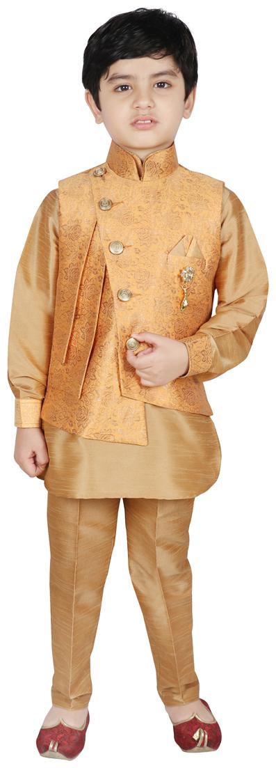 

SG YUVRAJ Boy Brocade Solid Kurta pyjama set - Beige
