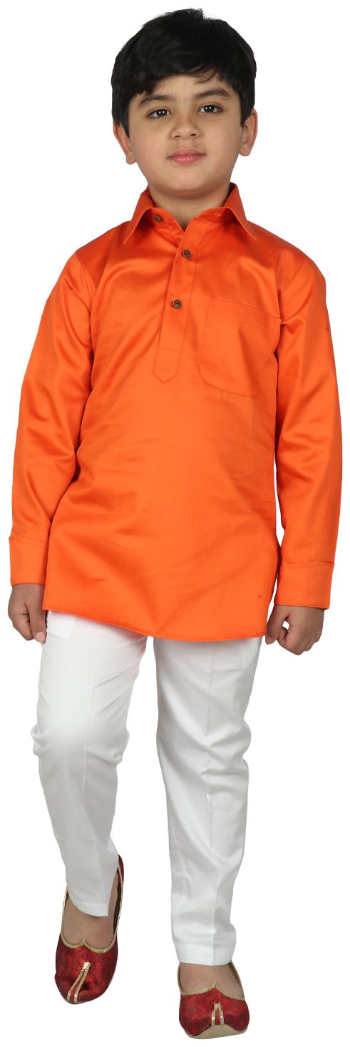 

SG YUVRAJ Boy Cotton blend Solid Kurta pyjama set - Orange White