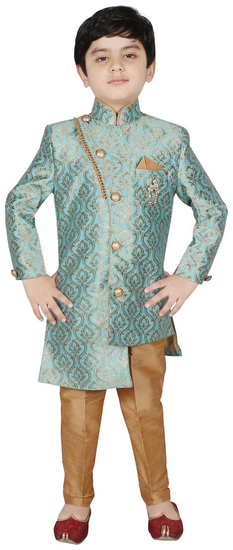 

SG YUVRAJ Boy Brocade Printed Sherwani - Blue Gold