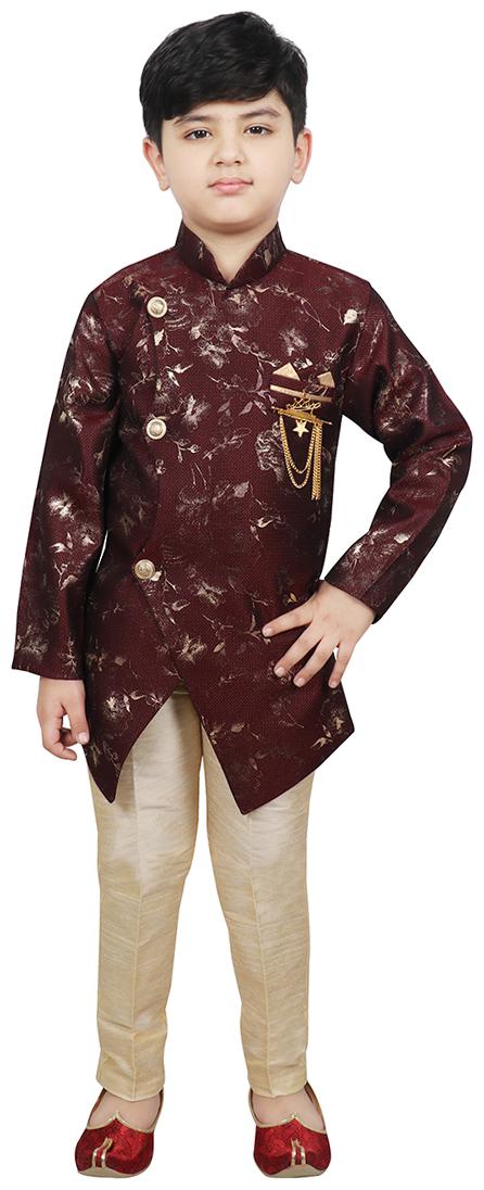 

SG YUVRAJ Boy Polyester Printed Sherwani - Maroon Gold