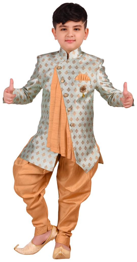 

SG YUVRAJ Boy Art silk Printed Sherwani - Green Gold
