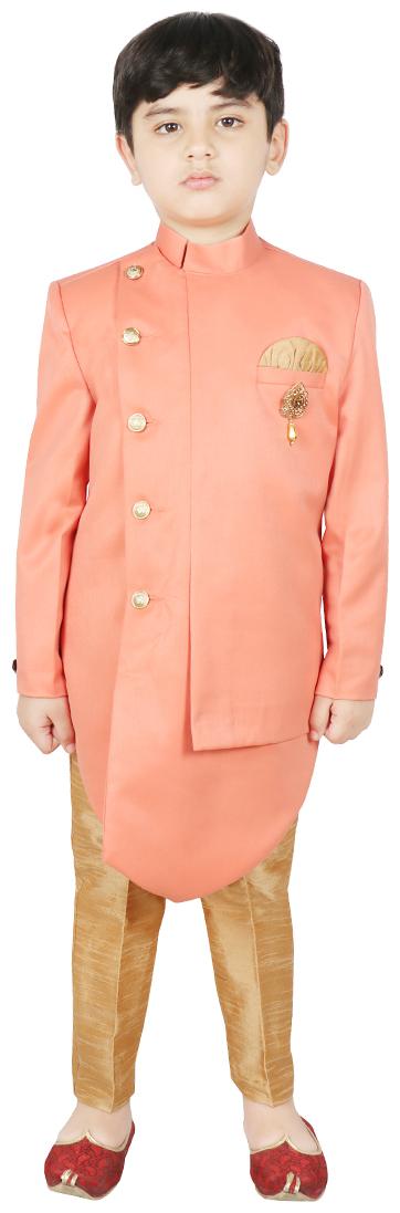 

SG YUVRAJ Boy Art silk Solid Sherwani - Orange Gold
