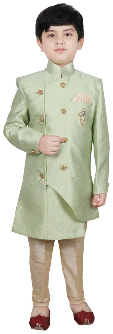 

SG YUVRAJ Boy Raw silk Self design Sherwani - Green
