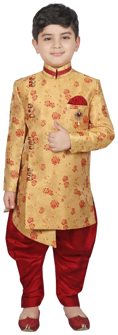 

SG YUVRAJ Boy Art silk Printed Sherwani - Yellow Red