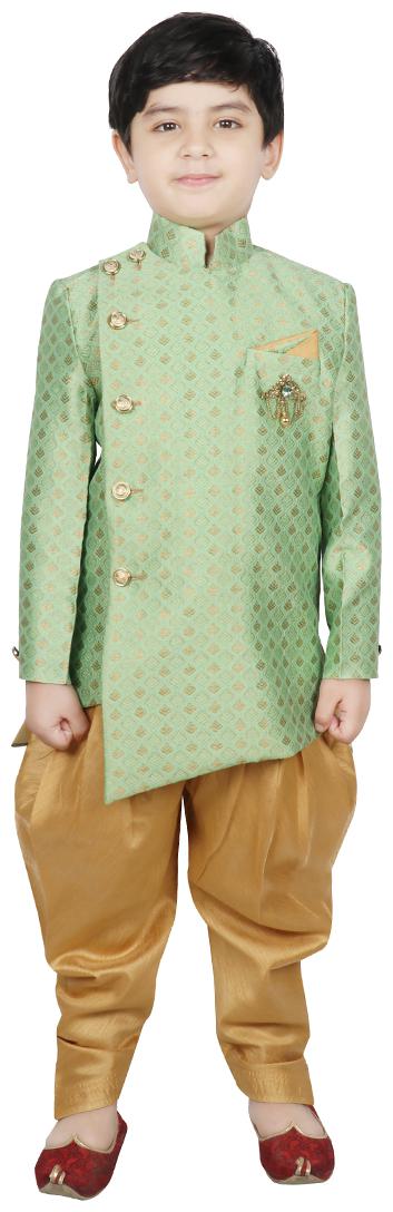 

SG YUVRAJ Boy Raw silk Self design Sherwani - Green
