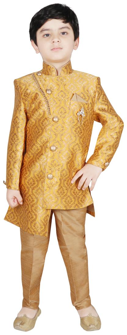

SG YUVRAJ Boy Brocade Printed Sherwani - Yellow Gold