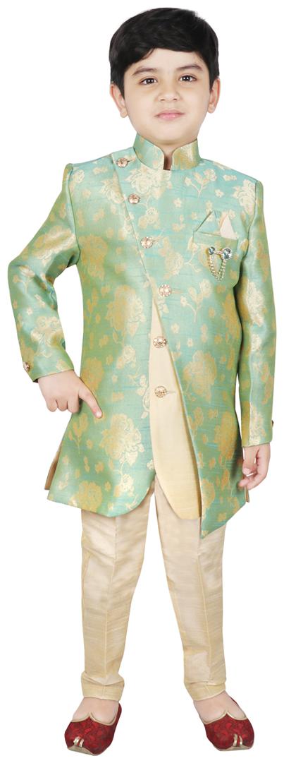 

SG YUVRAJ Boy Art silk Floral Sherwani - Green Beige