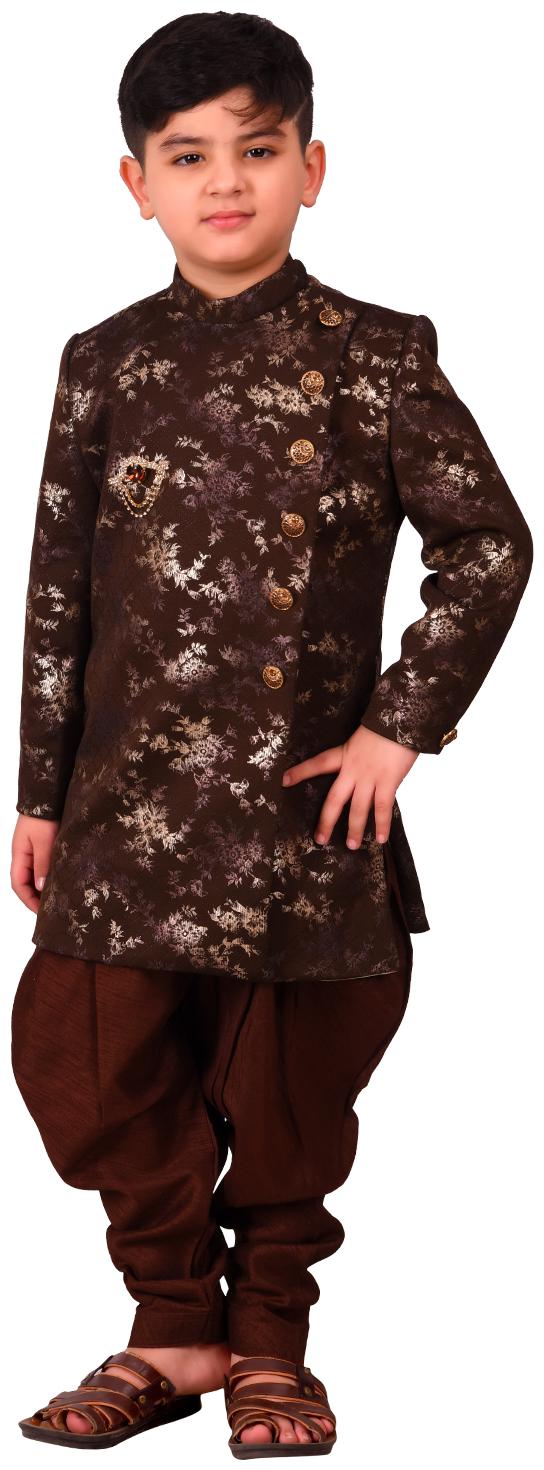 

SG YUVRAJ Boy Art silk Printed Sherwani - Brown