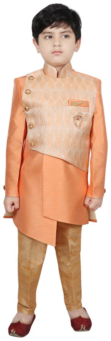 

SG YUVRAJ Boy Raw silk Self design Sherwani - Orange