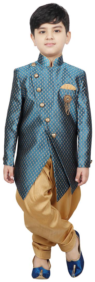 

SG YUVRAJ Boy Raw silk Printed Sherwani - Blue Gold