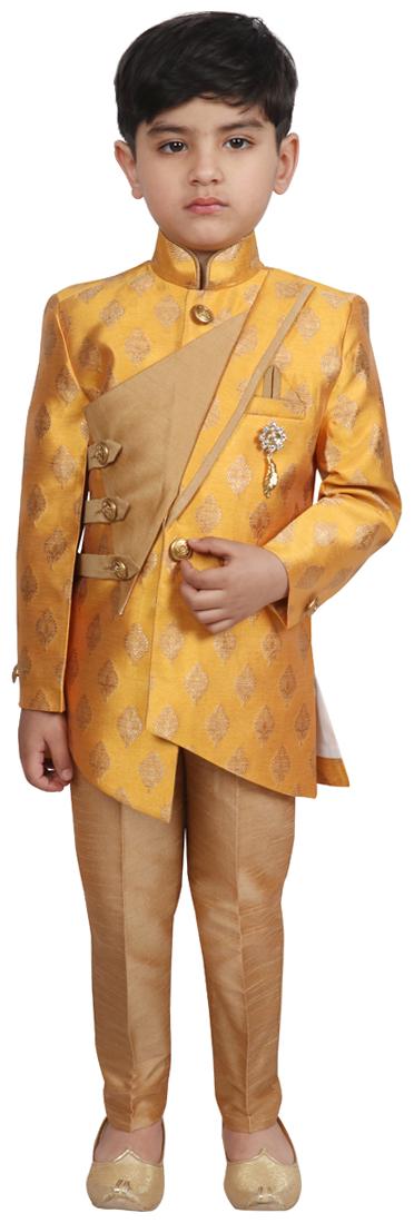 

SG YUVRAJ Boy Brocade Self design Sherwani - Yellow
