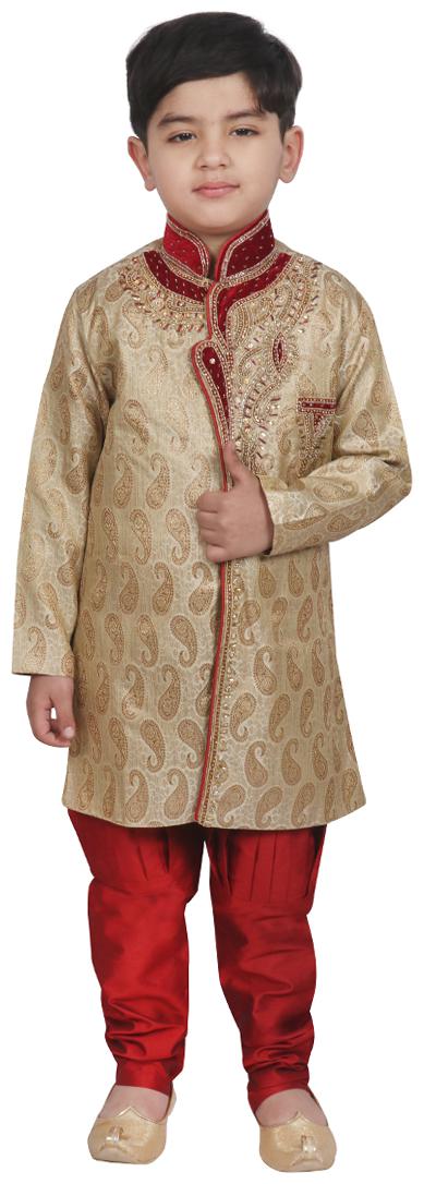

SG YUVRAJ Boy Brocade Self design Sherwani - Cream
