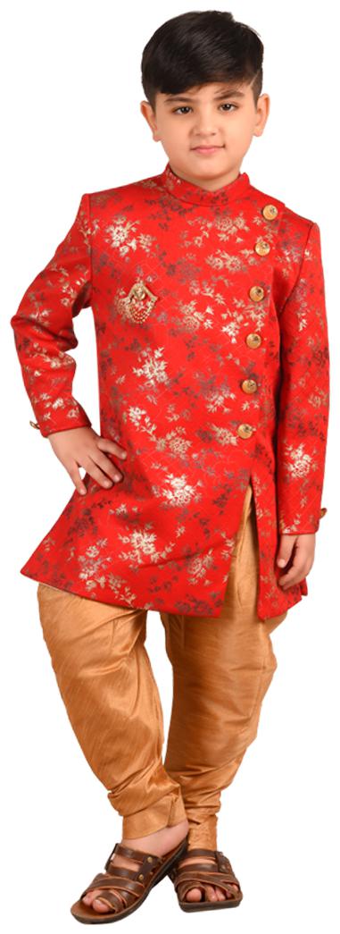 

SG YUVRAJ Boy Art silk Printed Sherwani - Maroon Gold