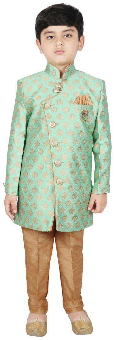 

SG YUVRAJ Boy Art silk Printed Sherwani - Green Gold