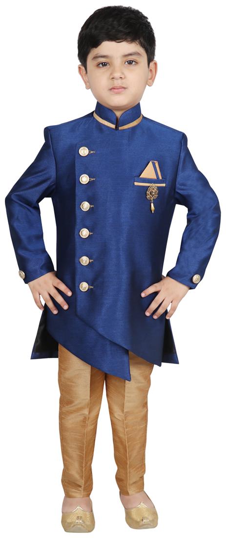 

SG YUVRAJ Boy Polyester Solid Sherwani - Blue Gold