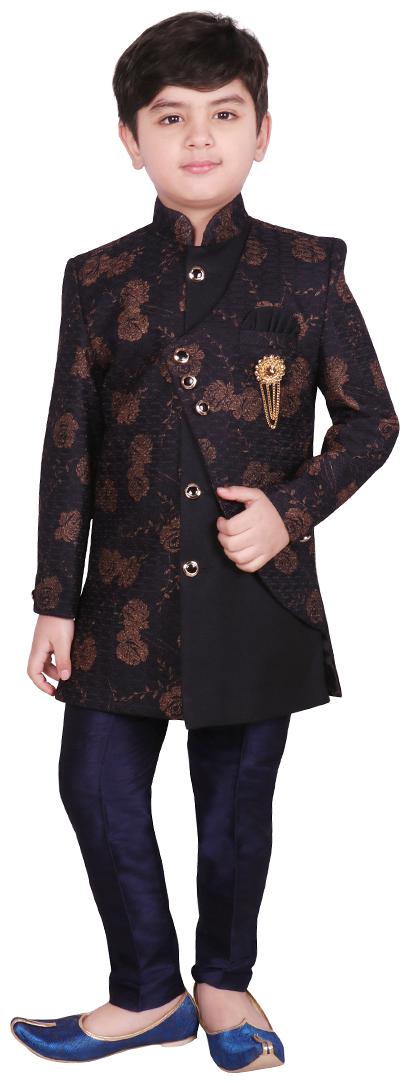 

SG YUVRAJ Boy Cotton blend Floral Sherwani - Blue Black