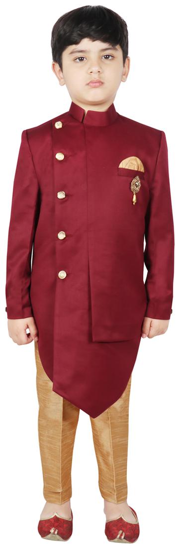 

SG YUVRAJ Boy Art silk Solid Sherwani - Maroon Gold