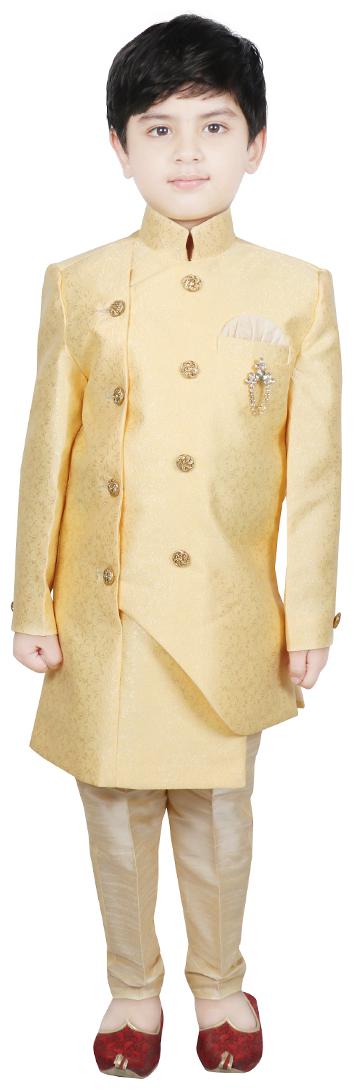 

SG YUVRAJ Boy Raw silk Self design Sherwani - Gold