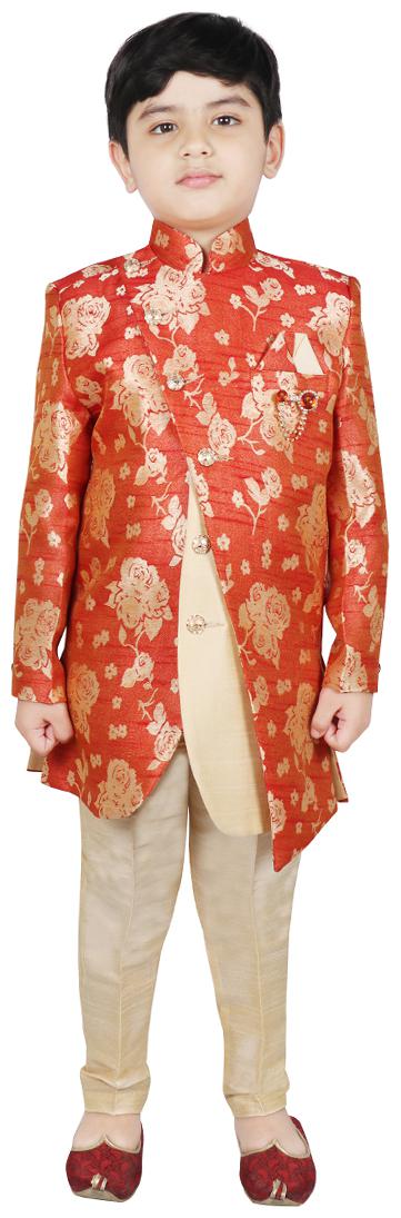 

SG YUVRAJ Boy Art silk Floral Sherwani - Maroon