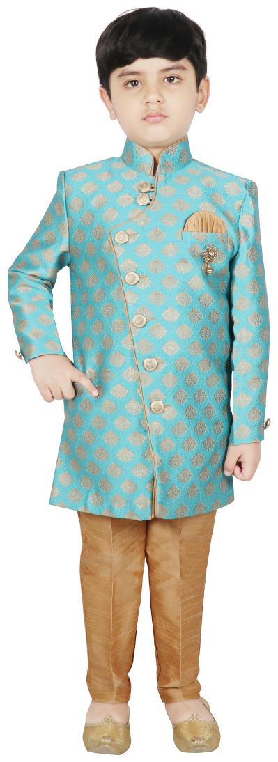 

SG YUVRAJ Boy Art silk Printed Sherwani - Blue Gold