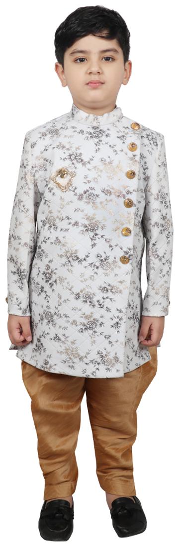 

SG YUVRAJ Boy Raw silk Printed Sherwani - White Gold
